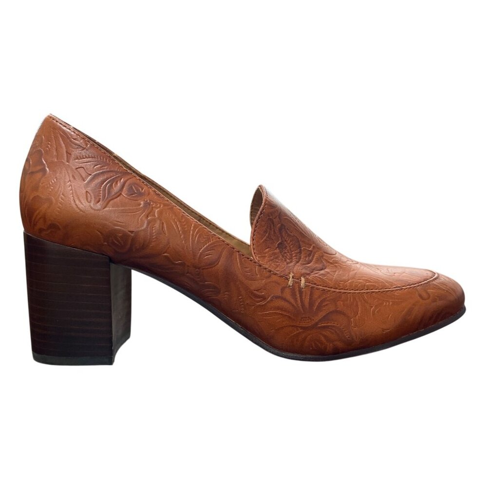 Patricia Nash Floral Tooled Leather Block Heel Pump Loafer Women EU 39 / US 9